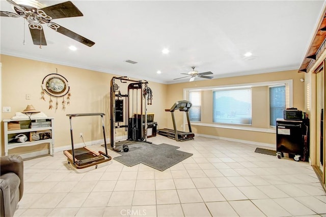 8555 Pigeon Pass Rd, Moreno Valley, CA 92557 - workout room with a ceiling fan, crown molding, recessed lighting, and light tile patterned floors