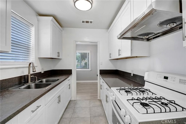 1510 E Idahome St, West Covina, CA 91791 - kitchen with white gas range oven, ventilation hood, dark countertops, and white cabinets