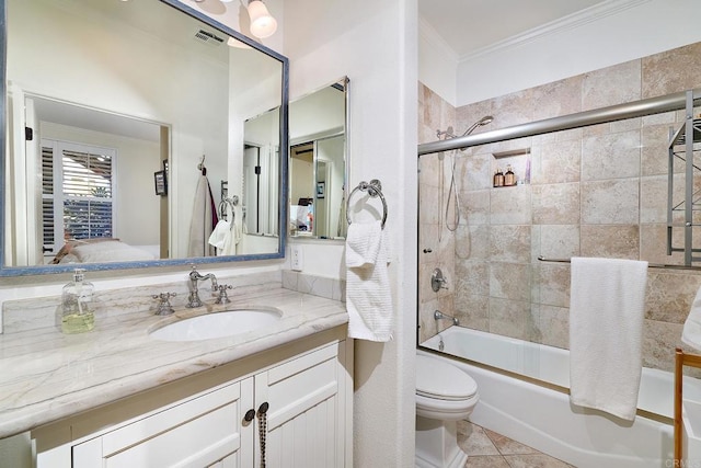 3521 Caminito El Rincon Unit 307, San Diego, CA 92130 - full bath featuring ornamental molding, vanity, shower / washtub combination, ensuite bathroom, and tile patterned flooring