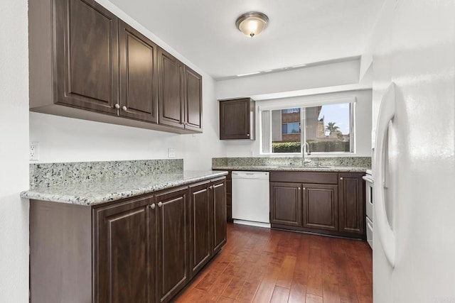 6812 Hyde Park Dr Unit G, San Diego, CA 92119 - kitchen featuring white appliances, dark wood-style flooring, dark brown cabinets, and light stone countertops