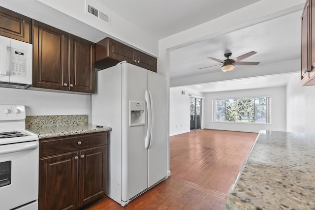 6812 Hyde Park Dr Unit G, San Diego, CA 92119 - kitchen featuring white appliances, open floor plan, a ceiling fan, dark brown cabinets, and wood finished floors