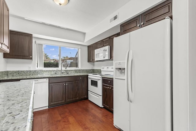 6812 Hyde Park Dr Unit G, San Diego, CA 92119 - kitchen with white appliances, dark wood-type flooring, and dark brown cabinets
