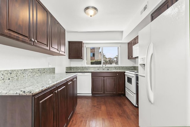 6812 Hyde Park Dr Unit G, San Diego, CA 92119 - kitchen with white appliances, dark wood-type flooring, dark brown cabinetry, and light stone counters