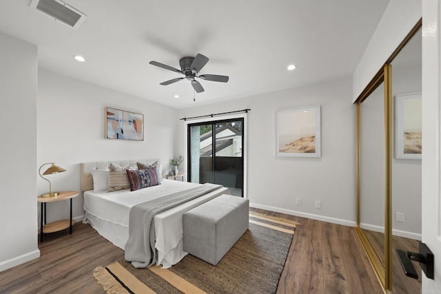 2282 Caminito Pescado Unit 44, San Diego, CA 92107 - bedroom featuring access to outside, wood finished floors, recessed lighting, and a ceiling fan