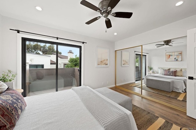 2282 Caminito Pescado Unit 44, San Diego, CA 92107 - bedroom with access to outside, multiple windows, wood finished floors, recessed lighting, and a ceiling fan