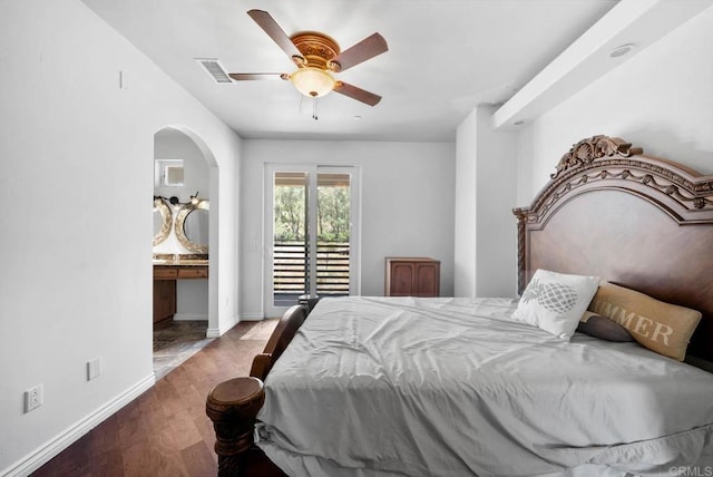 20202 Deerhorn Valley Rd, Jamul, CA 91935 - bedroom with access to exterior, wood finished floors, arched walkways, ensuite bath, and ceiling fan