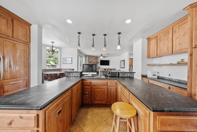 20202 Deerhorn Valley Rd, Jamul, CA 91935 - kitchen with light tile patterned floors, a chandelier, a spacious island, recessed lighting, and open floor plan
