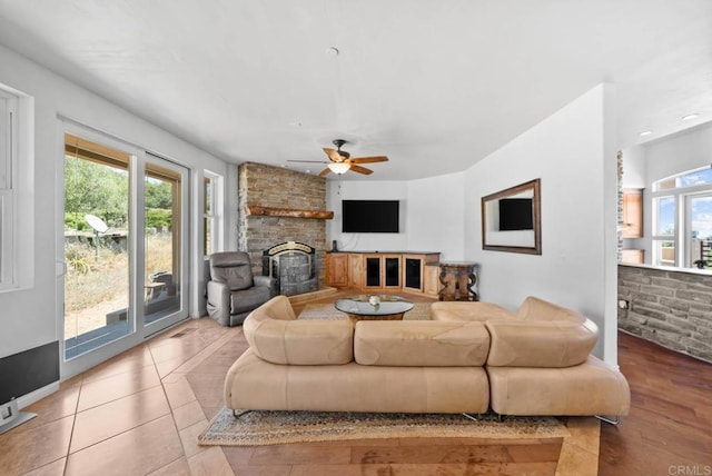 20202 Deerhorn Valley Rd, Jamul, CA 91935 - living room with ceiling fan, a fireplace, and recessed lighting