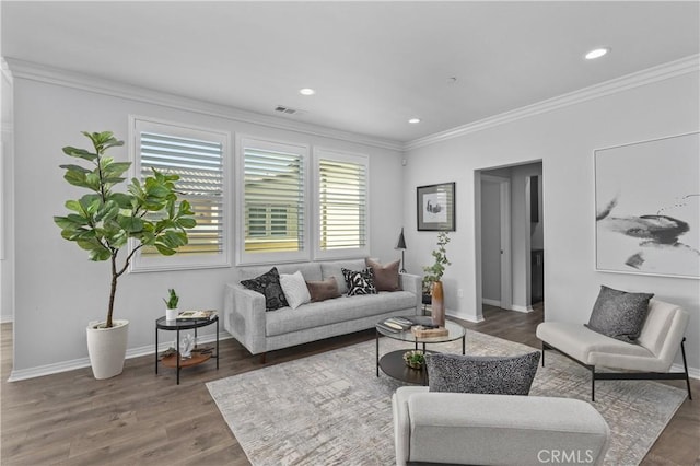 17557 Newland St Unit 101, Huntington Beach, CA 92647 - living area featuring crown molding, wood finished floors, and recessed lighting