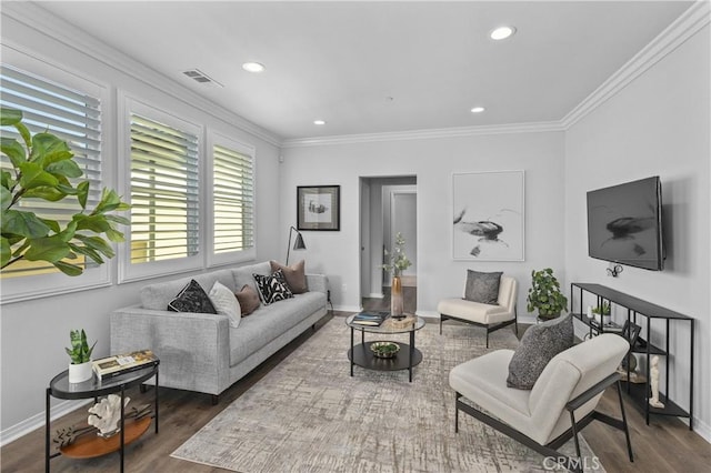 17557 Newland St Unit 101, Huntington Beach, CA 92647 - living area featuring ornamental molding, wood finished floors, and recessed lighting
