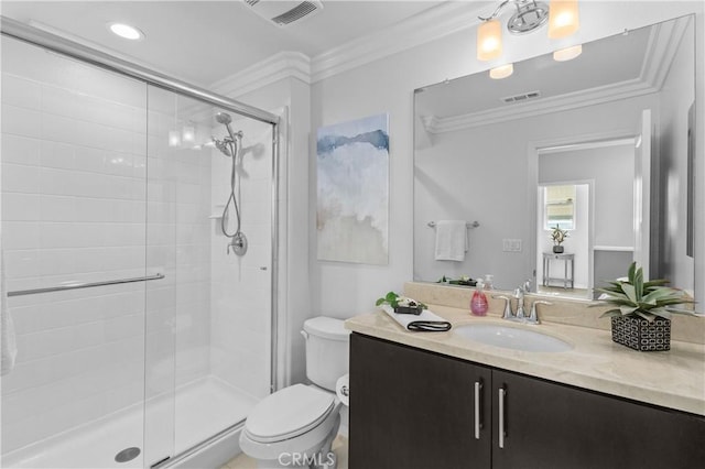 17557 Newland St Unit 101, Huntington Beach, CA 92647 - bathroom with ornamental molding, vanity, and a stall shower