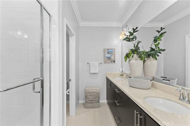 17557 Newland St Unit 101, Huntington Beach, CA 92647 - full bathroom with double vanity, a stall shower, crown molding, and tile patterned floors
