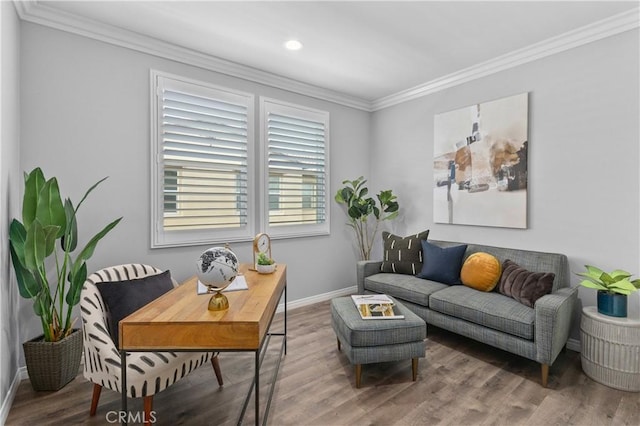 17557 Newland St Unit 101, Huntington Beach, CA 92647 - living room featuring ornamental molding, wood finished floors, and recessed lighting