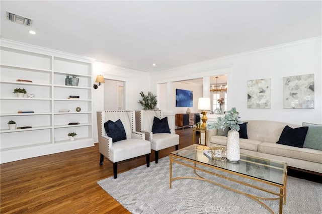 802 S Arroyo Blvd, Pasadena, CA 91105 - living area featuring crown molding, wood finished floors, a chandelier, recessed lighting, and built in shelves