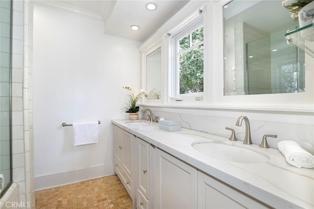 802 S Arroyo Blvd, Pasadena, CA 91105 - full bathroom with crown molding, tiled shower, double vanity, and recessed lighting
