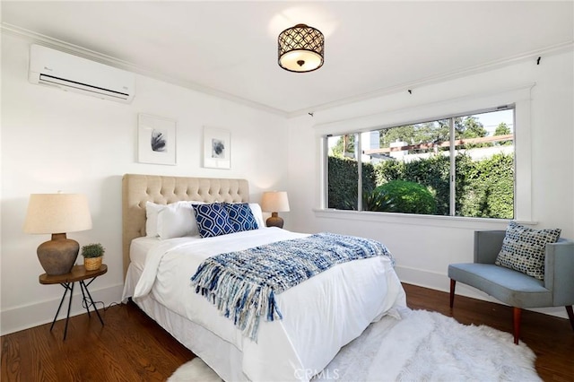 802 S Arroyo Blvd, Pasadena, CA 91105 - bedroom featuring a wall mounted air conditioner, wood finished floors, and crown molding