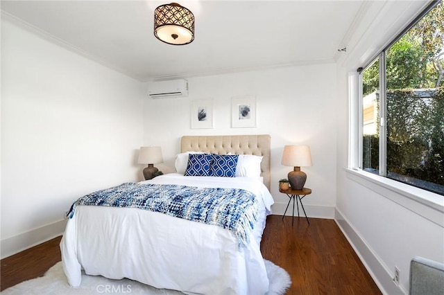 802 S Arroyo Blvd, Pasadena, CA 91105 - bedroom with a wall mounted AC, wood finished floors, and ornamental molding