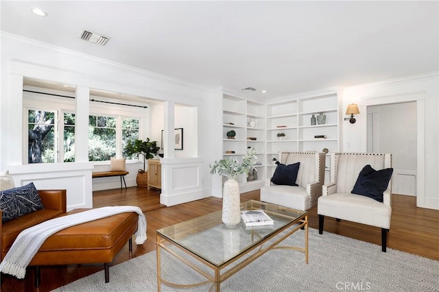 802 S Arroyo Blvd, Pasadena, CA 91105 - living room with crown molding, wood finished floors, recessed lighting, and built in shelves