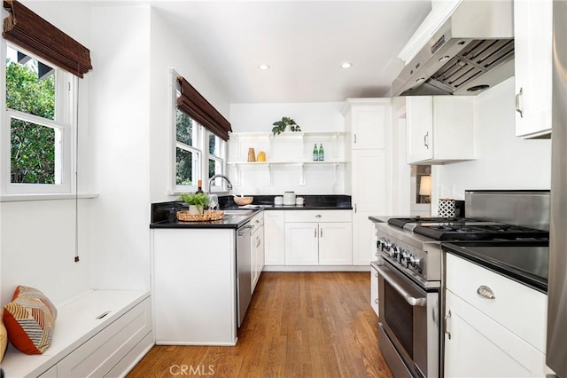 802 S Arroyo Blvd, Pasadena, CA 91105 - kitchen featuring appliances with stainless steel finishes, range hood, light wood finished floors, open shelves, and white cabinets