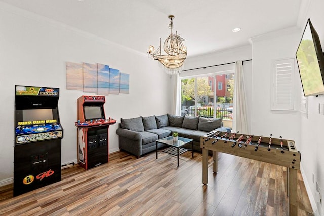 432 S Cleveland St, Oceanside, CA 92054 - rec room featuring a chandelier, ornamental molding, wood finished floors, and recessed lighting