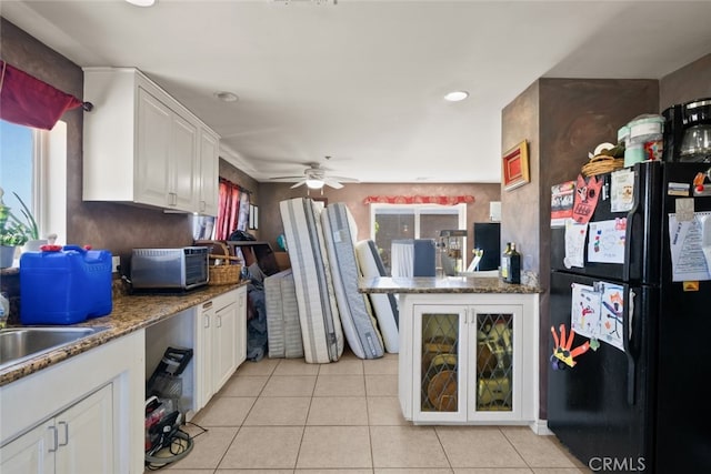 50802 280th St W, Lancaster, CA 93536 - kitchen with freestanding refrigerator, light tile patterned floors, white cabinetry, a ceiling fan, and recessed lighting