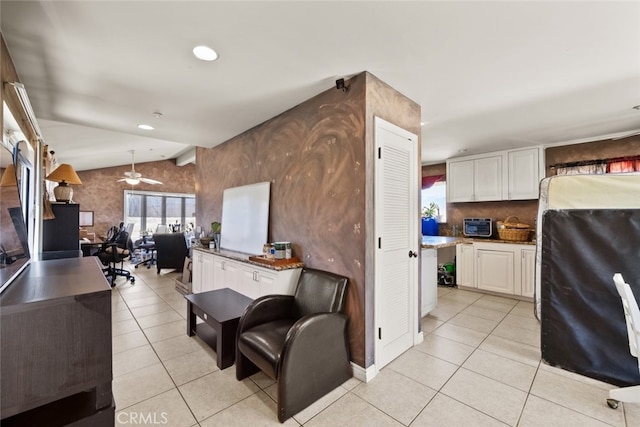 50802 280th St W, Lancaster, CA 93536 - living room featuring light tile patterned flooring, plenty of natural light, vaulted ceiling, ceiling fan, and recessed lighting