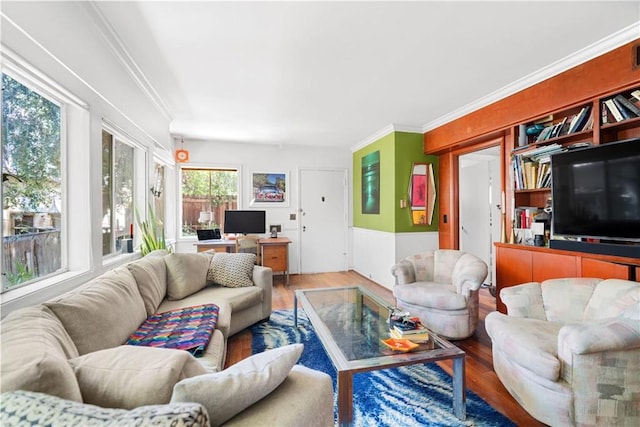 2511 W 5th St, Los Angeles, CA 90057 - living area featuring wood finished floors, crown molding, an office area, and wainscoting