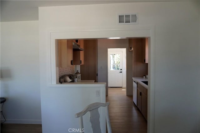 3565 Lashbrook Ave, Rosemead, CA 91770 - kitchen featuring dishwasher, under cabinet range hood, light countertops, and dark wood-style floors
