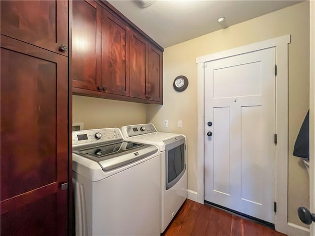 9401 Whispering Pines Rd, Frazier Park, CA 93225 - washroom featuring separate washer and dryer, cabinet space, and dark wood-style flooring