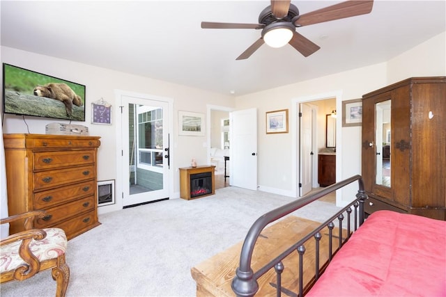 9401 Whispering Pines Rd, Frazier Park, CA 93225 - carpeted bedroom with access to exterior, a ceiling fan, and ensuite bathroom