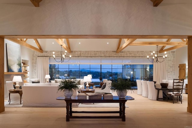 17845 Via De Fortuna, Rancho Santa Fe, CA 92067 - living room featuring a chandelier, beam ceiling, wood finished floors, and a high ceiling