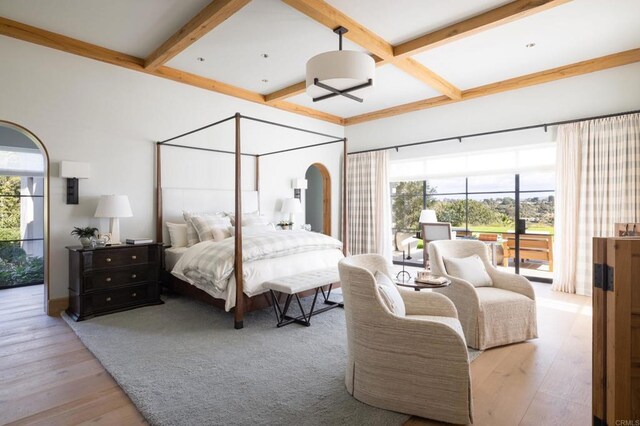17845 Via De Fortuna, Rancho Santa Fe, CA 92067 - bedroom with coffered ceiling, beam ceiling, and wood finished floors