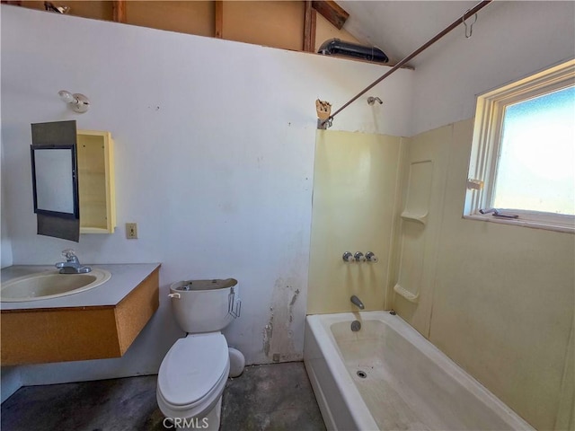 7022 Quarry Rd, Weed, CA 96094 - bathroom featuring vanity, shower / washtub combination, vaulted ceiling, and concrete floors