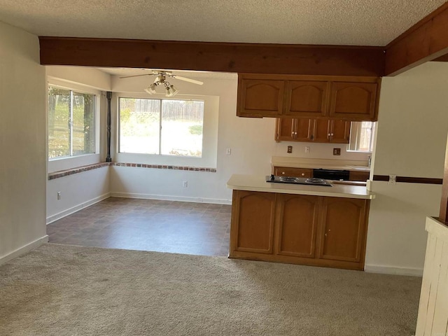 1110 E Alvarado St, Fallbrook, CA 92028 - kitchen featuring ceiling fan, a textured ceiling, black appliances, brown cabinetry, and carpet floors