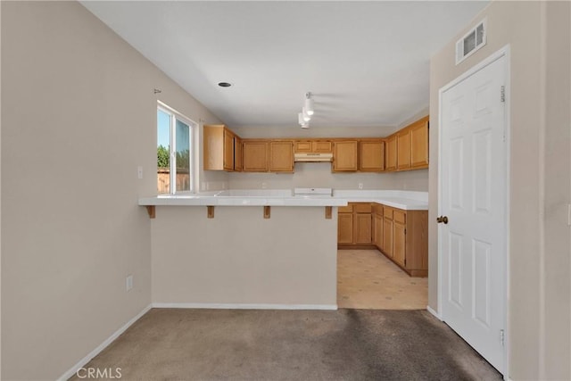 14094 Gray Ln, Victorville, CA 92394 - kitchen with under cabinet range hood, a peninsula, a breakfast bar area, and light colored carpet