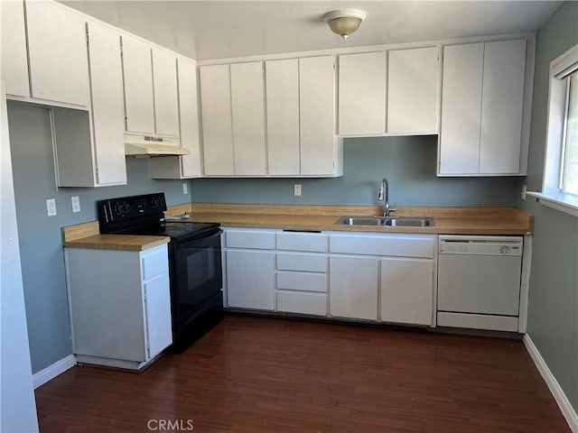 23240 Orange Ave Unit 8, Lake Forest, CA 92630 - kitchen featuring white dishwasher, electric range, under cabinet range hood, dark wood-style flooring, and white cabinetry