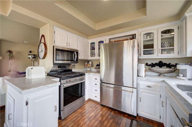 375 N 6th St, Grover Beach, CA 93433 - kitchen featuring appliances with stainless steel finishes, glass insert cabinets, a tray ceiling, and light countertops