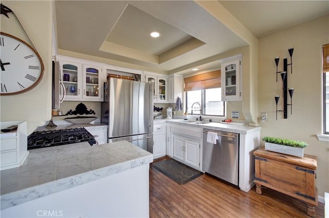 375 N 6th St, Grover Beach, CA 93433 - kitchen featuring stainless steel appliances, dark wood-type flooring, white cabinets, glass insert cabinets, and a tray ceiling