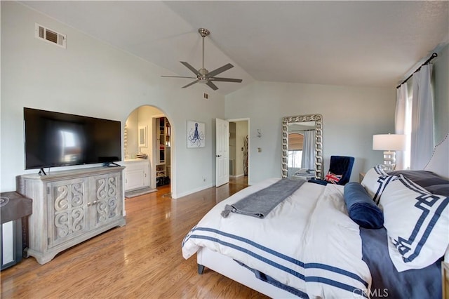 375 N 6th St, Grover Beach, CA 93433 - bedroom with arched walkways, vaulted ceiling, light wood-style floors, and a ceiling fan