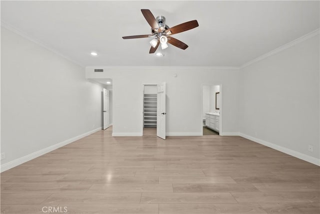 12355 Chandler Blvd Unit 101, Valley Village, CA 91607 - unfurnished living room with a ceiling fan, crown molding, light wood finished floors, and recessed lighting