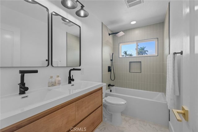 6611 Pickett Ave, Garden Grove, CA 92845 - bathroom featuring bathing tub / shower combination, double vanity, and marble look tiles
