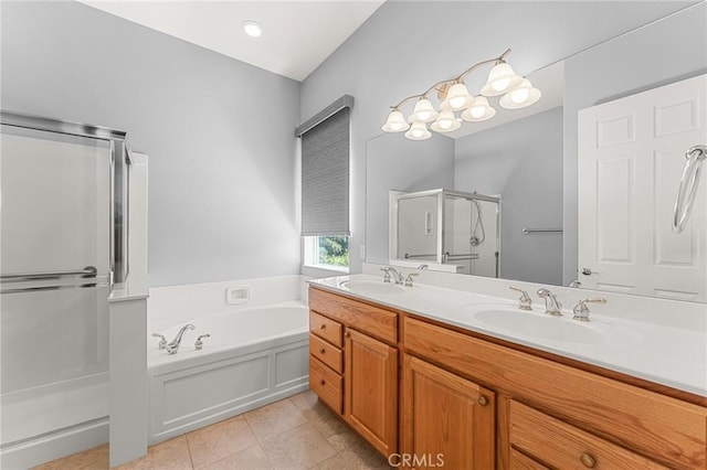 1790 N Forest Oaks Dr, Beaumont, CA 92223 - full bathroom featuring a shower stall, double vanity, a bath, and tile patterned flooring