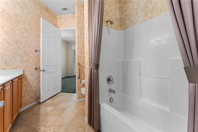 1790 N Forest Oaks Dr, Beaumont, CA 92223 - bathroom featuring wallpapered walls, shower / tub combo with curtain, vanity, and tile patterned flooring