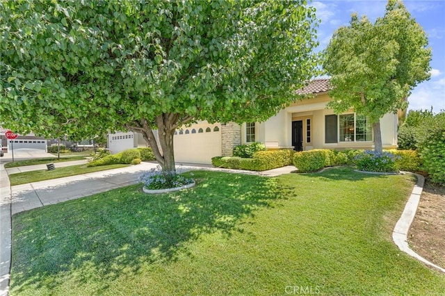 1790 N Forest Oaks Dr, Beaumont, CA 92223 - obstructed view of property featuring concrete driveway, an attached garage, stucco siding, a front lawn, and a tile roof