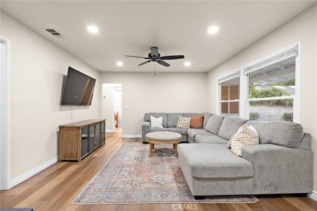 716 N Tulare Way, Upland, CA 91786 - living room featuring light wood-style flooring, recessed lighting, and ceiling fan