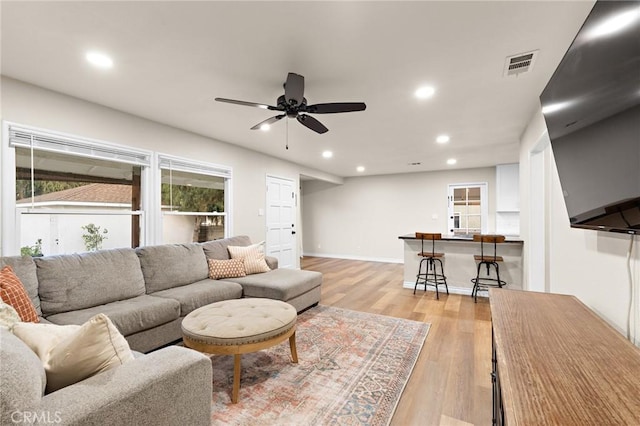 716 N Tulare Way, Upland, CA 91786 - living room featuring light wood-style floors, recessed lighting, and ceiling fan