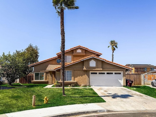16702 Canoe Cv, Moreno Valley, CA 92551 - view of front of house with a garage, concrete driveway, a tiled roof, and stucco siding