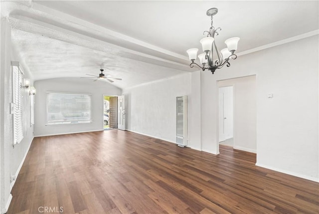 2027 W 70th St, Los Angeles, CA 90047 - unfurnished living room featuring a heating unit, a chandelier, dark wood finished floors, ceiling fan, and vaulted ceiling
