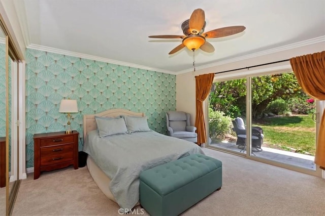 2287 Kemper Ave, Claremont, CA 91711 - carpeted bedroom with wallpapered walls, ornamental molding, access to exterior, ceiling fan, and an accent wall