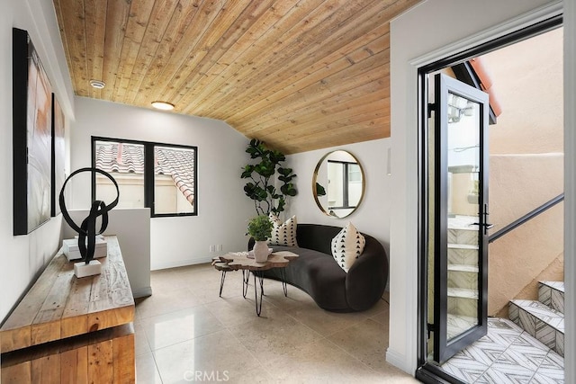 4411/2 Goldenrod Ave, Corona Del Mar, CA 92625 - sitting room with wood ceiling, vaulted ceiling, and tile patterned floors